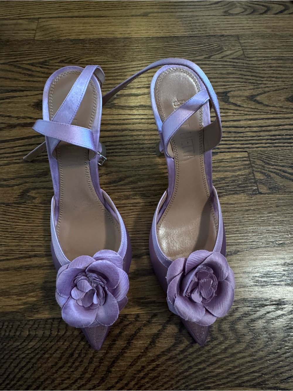 Britt Netta Lilac Satin Pointed-Toe Slingback Heels with Floral Appliqué